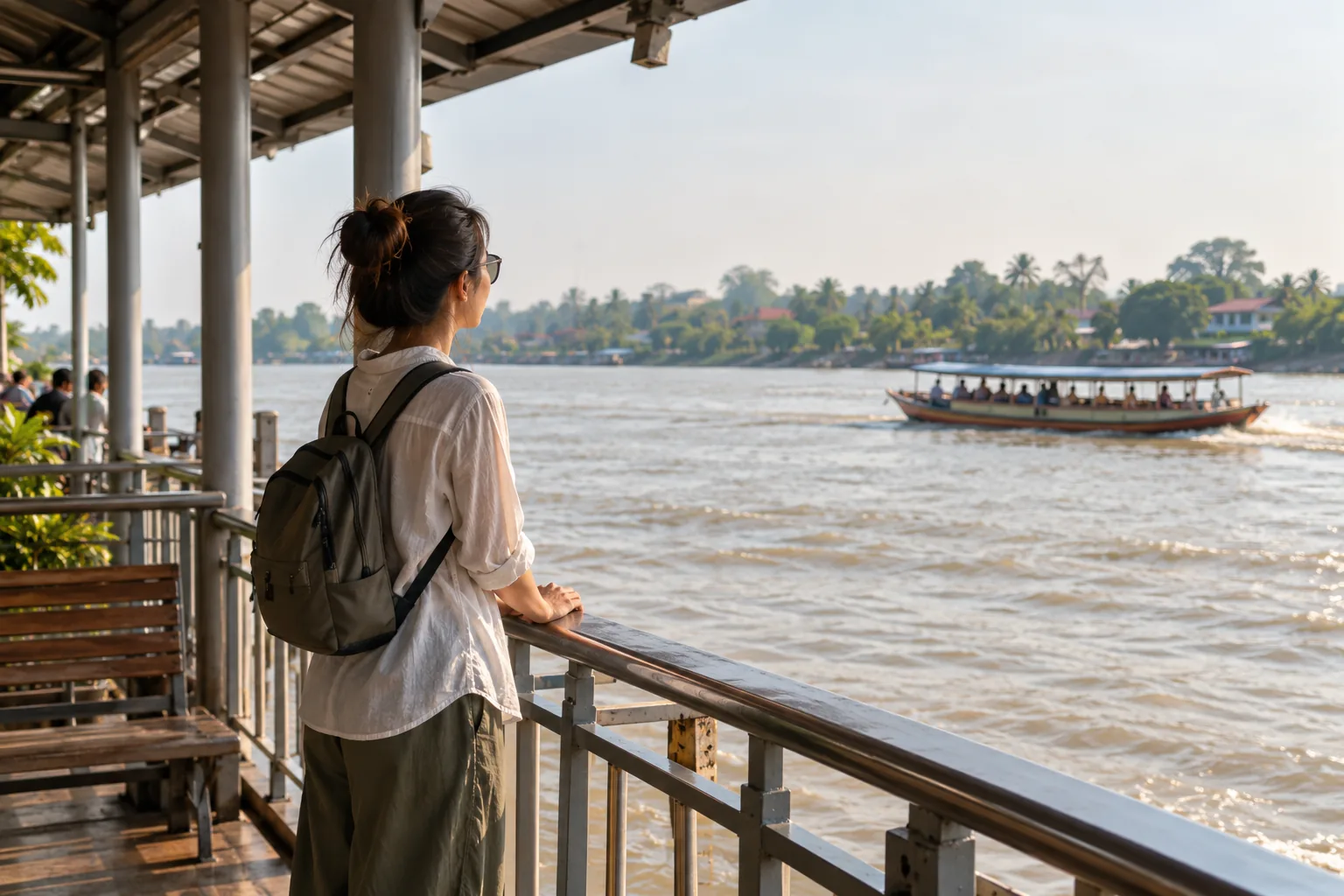Minh họa AI: du khách chờ ở khu vực có lan can bên một dòng sông nhiệt đới.