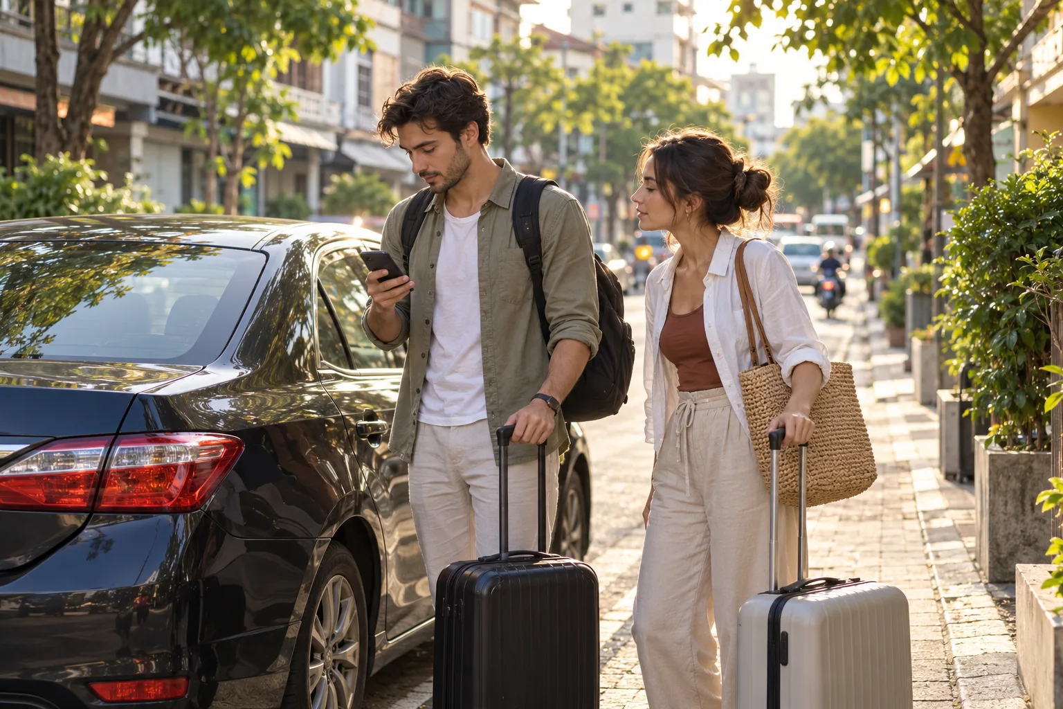 Minh họa AI: hai hành khách kéo vali tới một xe sedan không nhãn hiệu ở lề đường đô thị.