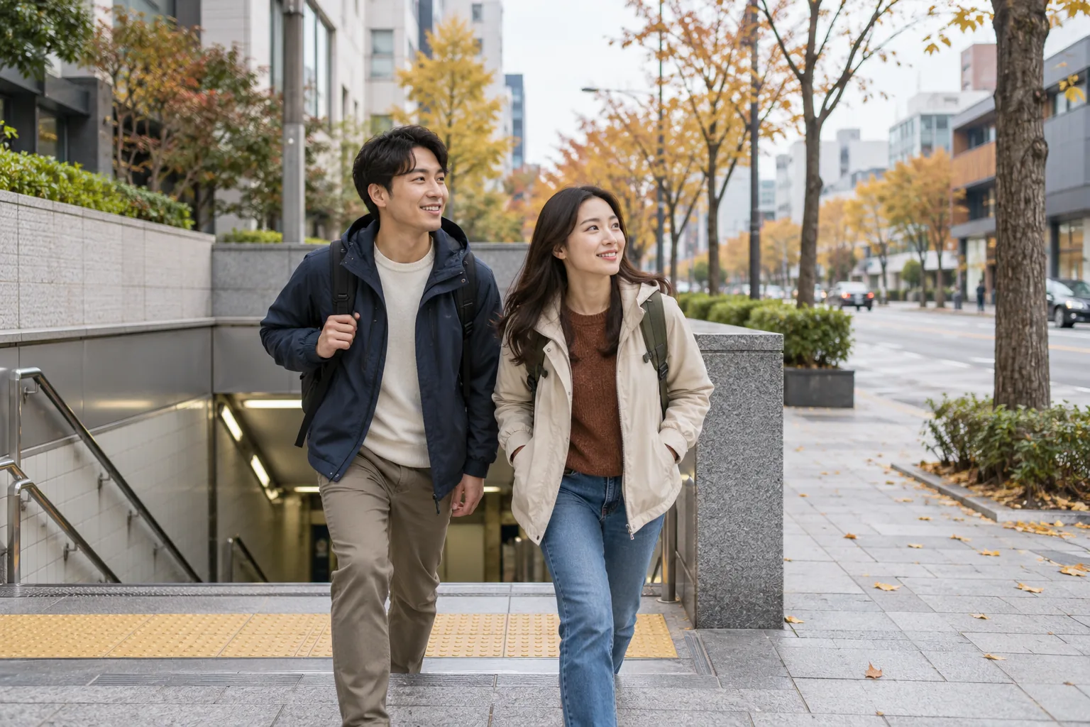 Minh họa AI: du khách rời một lối ga tàu đô thị để tiếp tục đi bộ.