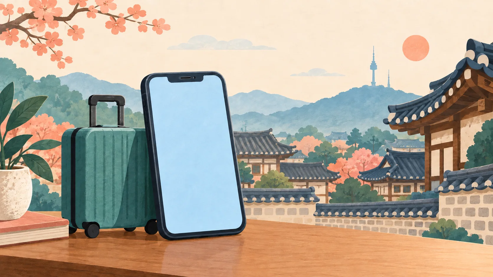 Minh họa AI: điện thoại màn hình trống và vali trước phông nhà kiểu hanok gợi Hàn Quốc.