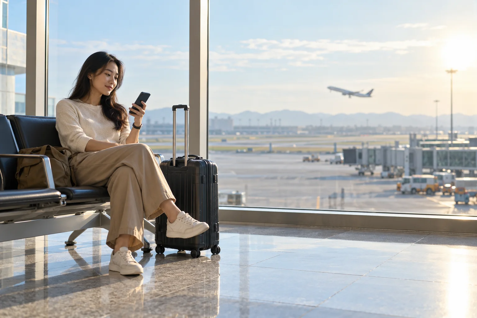 Minh họa AI: Du khách xem điện thoại cạnh vali trong khu vực sân bay.