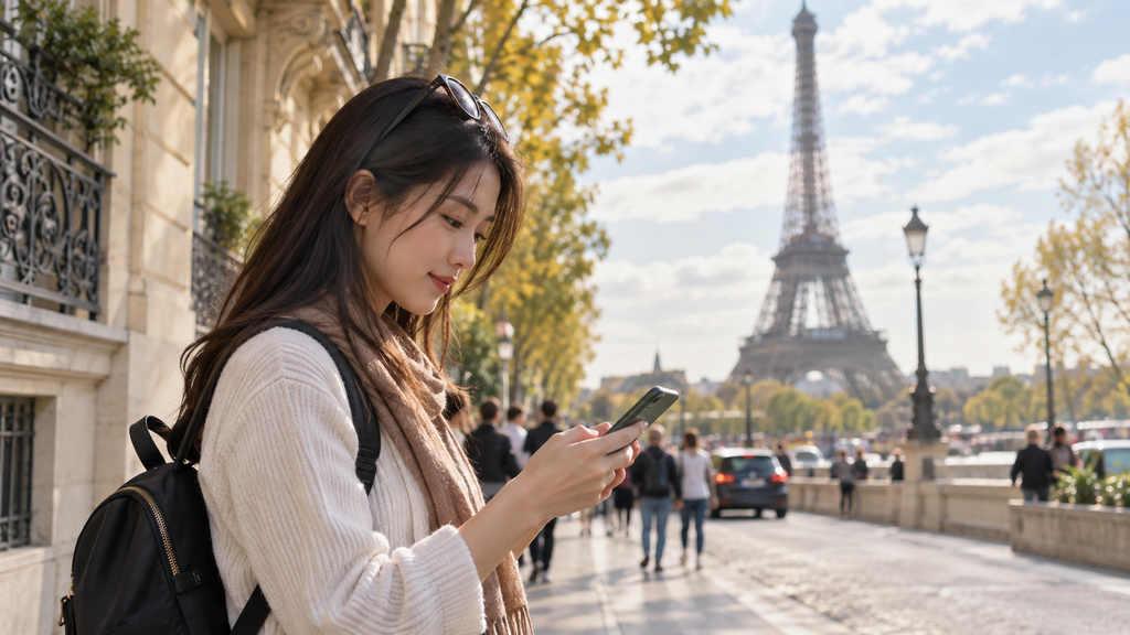 Du khách Việt dùng điện thoại tra đường trên phố Paris, Pháp