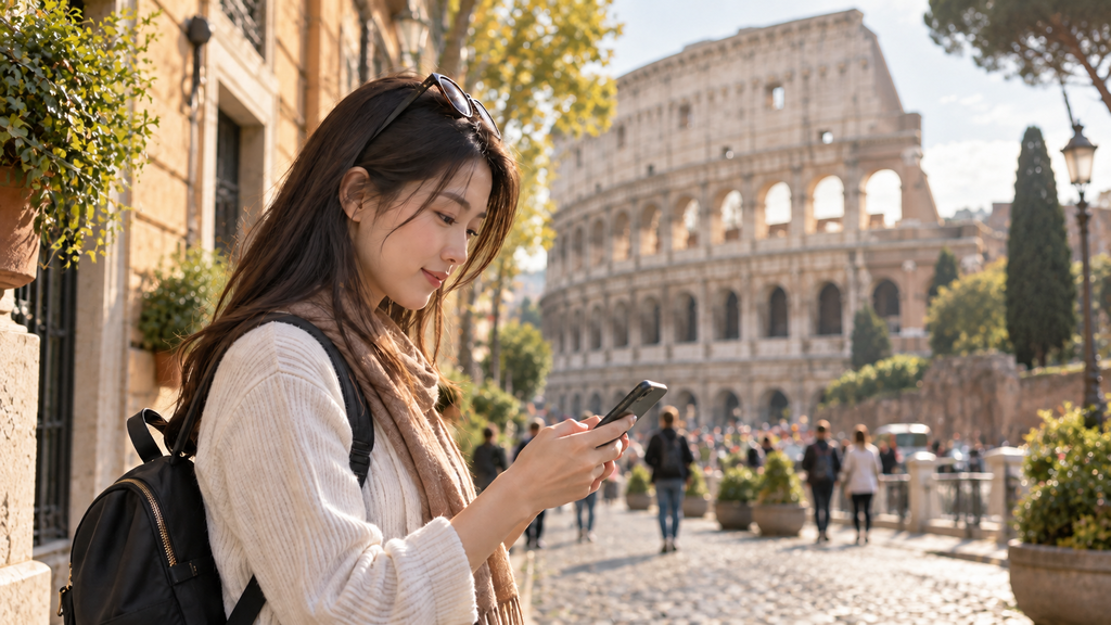 Du khách Việt dùng điện thoại tra đường trên phố Rome, gần đấu trường Colosseum, Ý