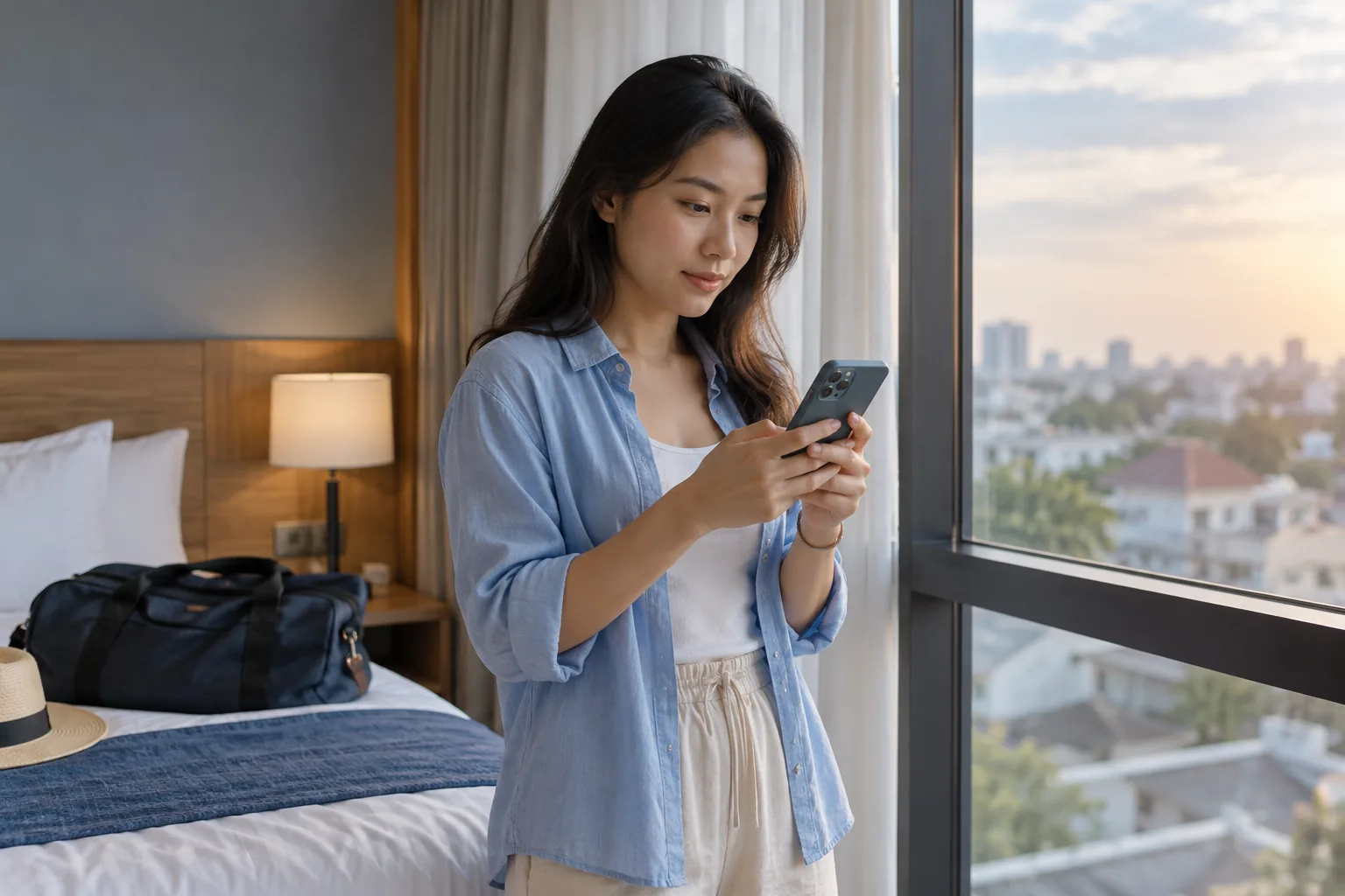 Minh họa AI: du khách kiểm tra điện thoại bên cửa sổ phòng nghỉ.
