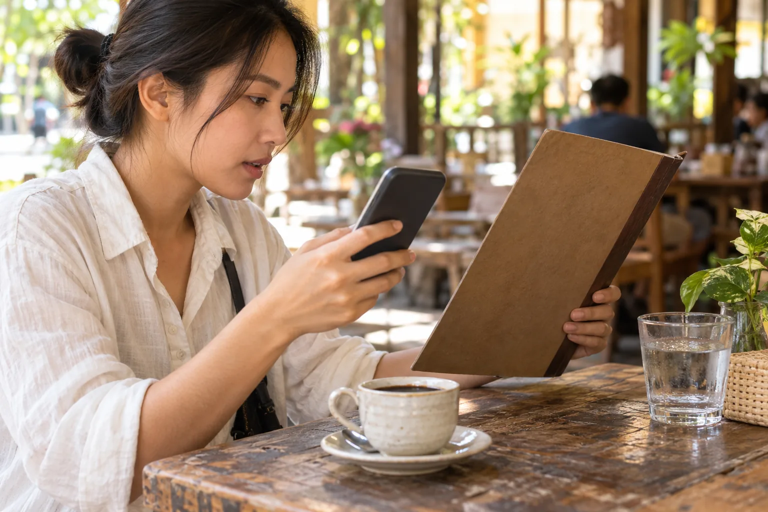 Minh họa AI: du khách xem điện thoại bên một thực đơn được quay mặt chữ khỏi máy ảnh.