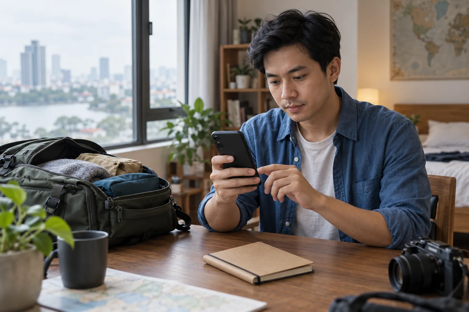 Minh họa AI: người đàn ông chuẩn bị điện thoại và ba lô trước chuyến đi.