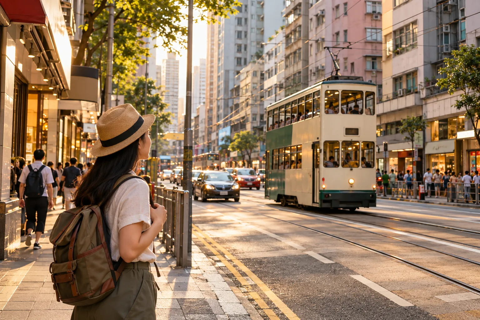 Minh họa AI: bối cảnh đi tàu điện hai tầng trong phố đô thị đông đúc.