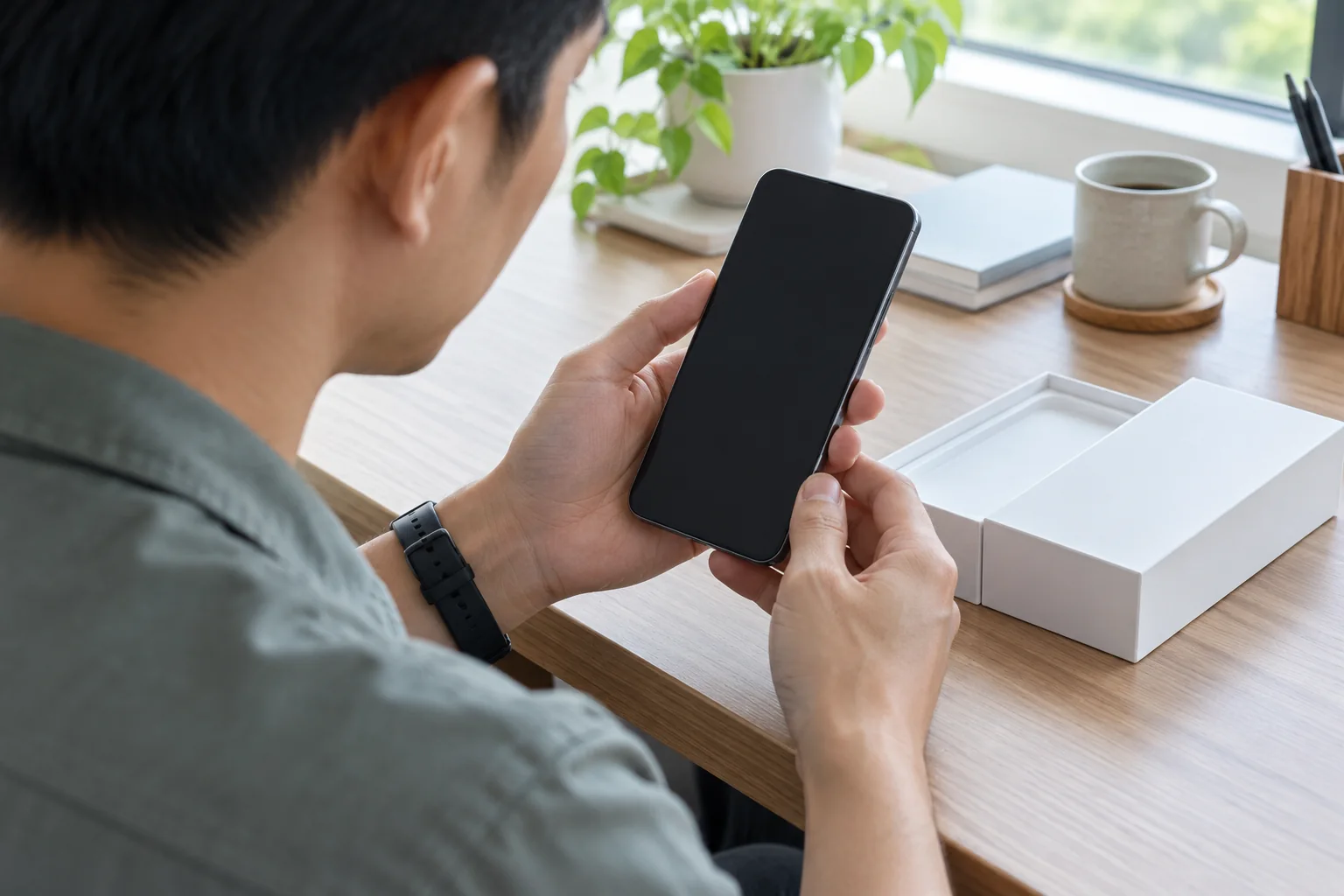 Minh họa AI: Người dùng kiểm tra điện thoại bên hộp máy không có nhãn.