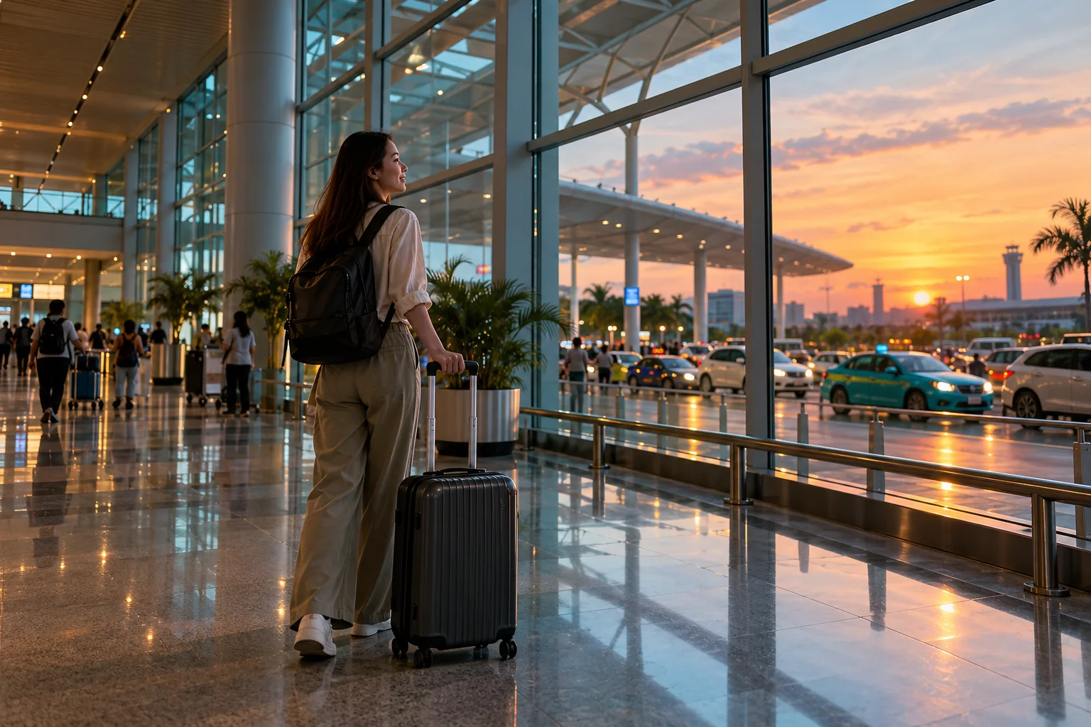 Minh họa AI: Du khách cùng vali trong sảnh sân bay lúc chạng vạng.