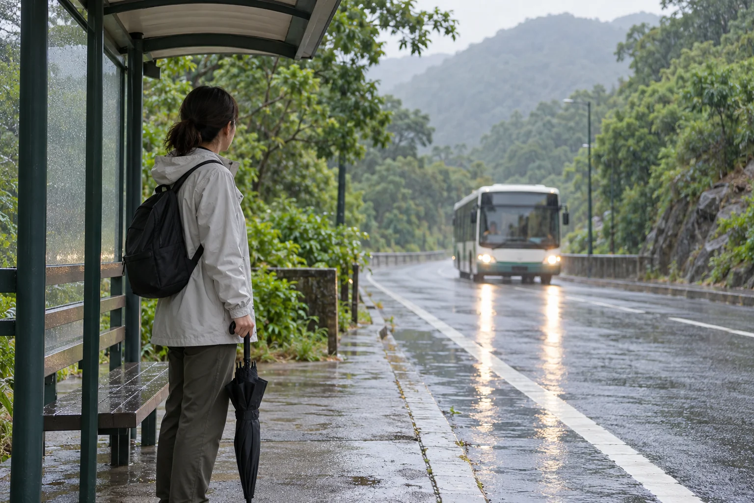 Minh họa AI: một hành khách trú mưa dưới mái trạm xe buýt, phía xa có xe đang đến.