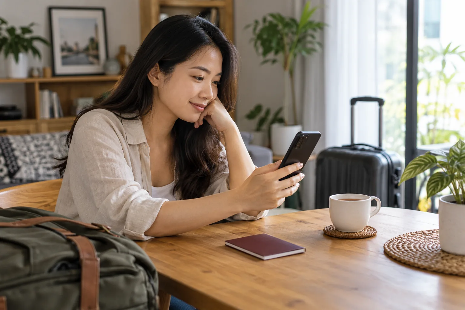 Minh họa AI: người phụ nữ kiểm tra điện thoại bên hành lý và sổ du lịch đóng kín trước chuyến đi.