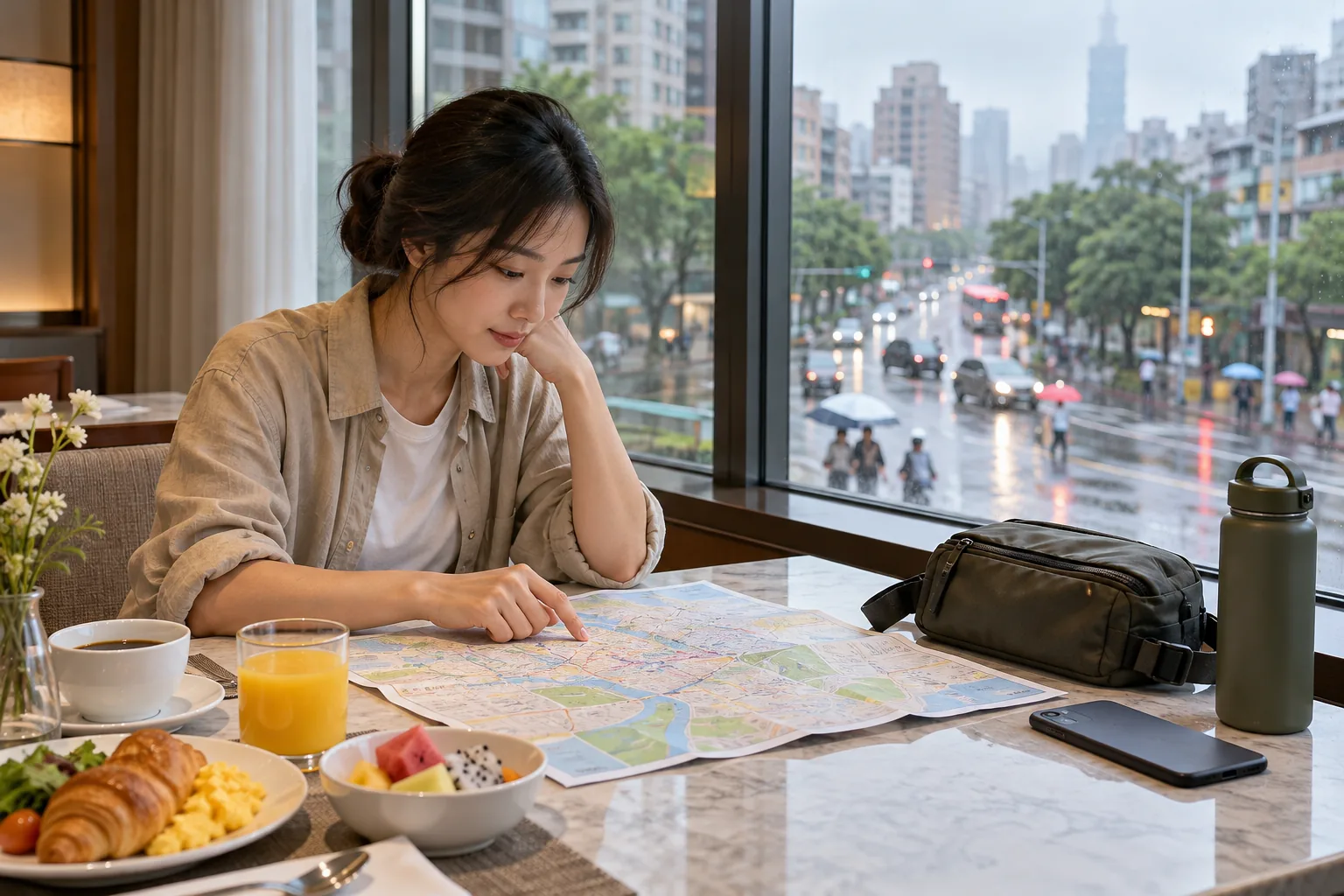 Minh họa AI một du khách xem giấy bản đồ bên túi nhỏ và nước uống ở bàn ăn sáng.