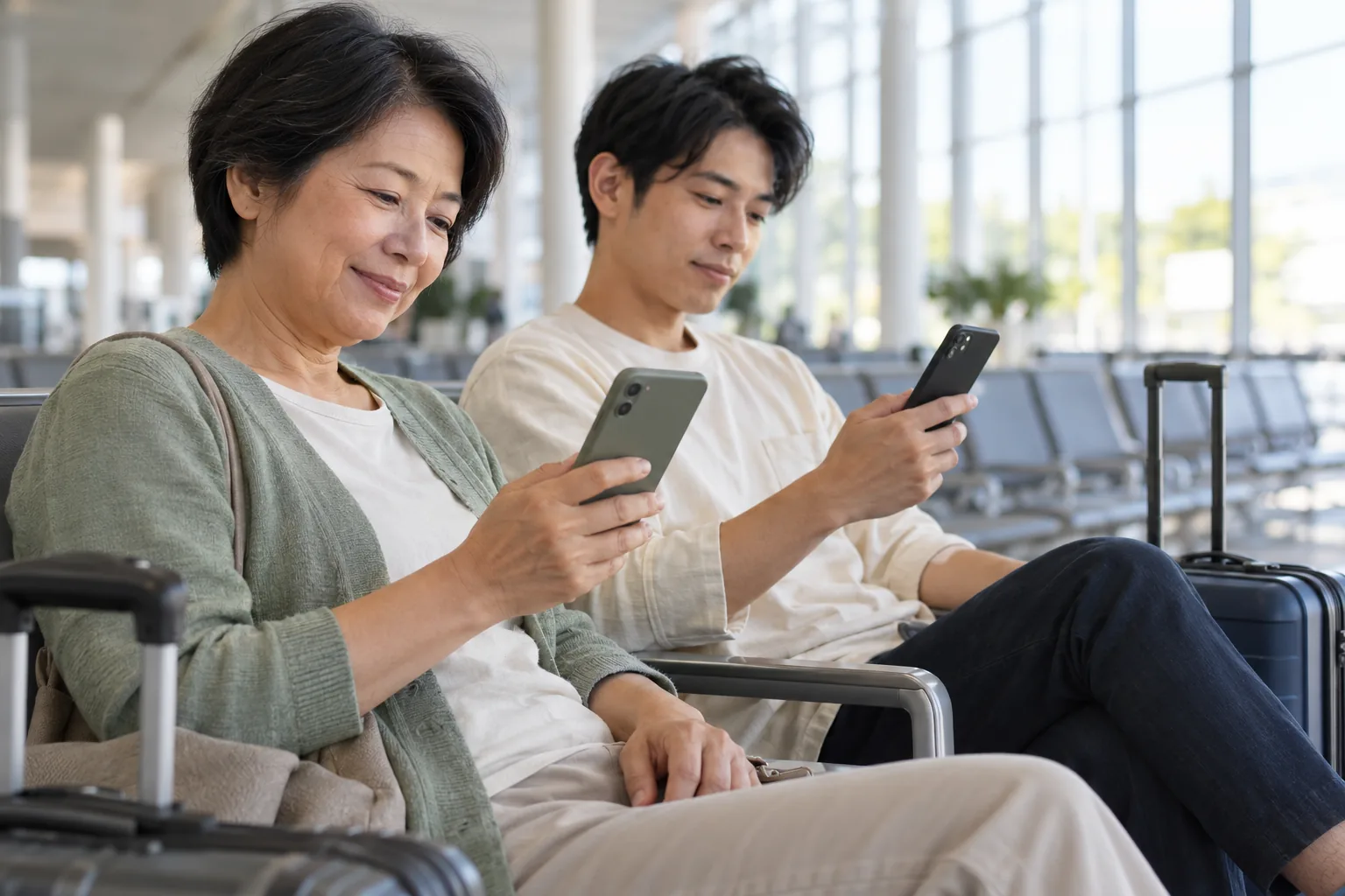 Minh họa AI: hai hành khách ngồi chờ tàu và kiểm tra hai điện thoại riêng.