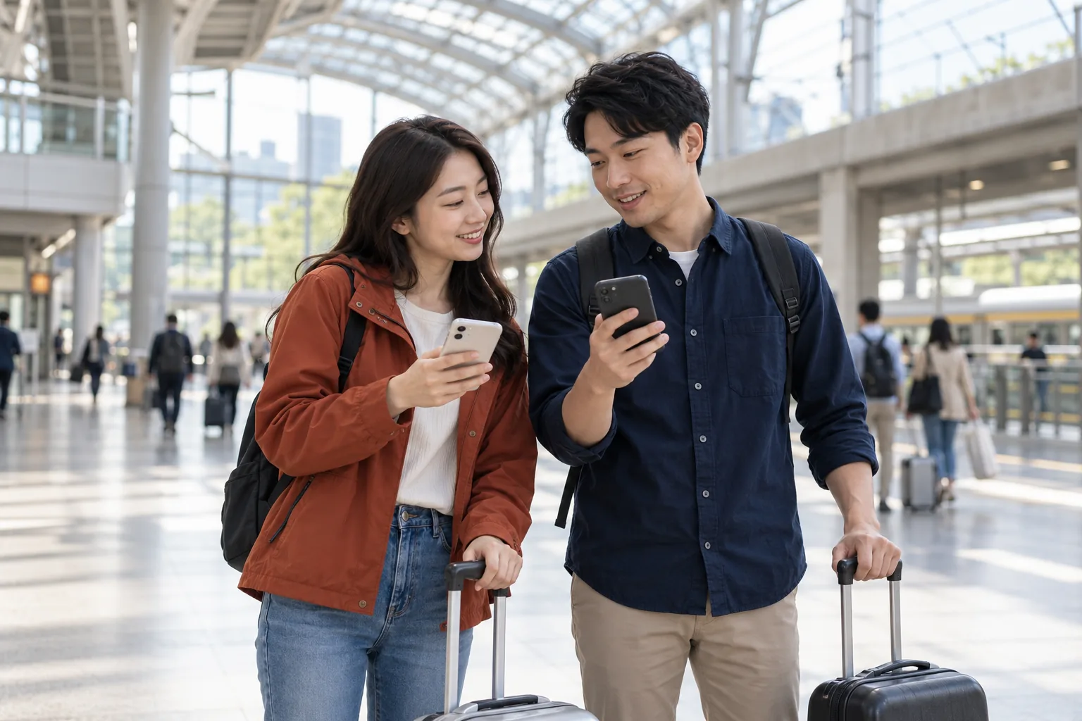 Minh họa AI: hai du khách đứng trong sảnh ga giả định, mỗi người cầm một điện thoại.