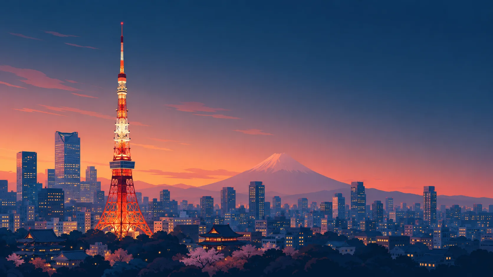 Tokyo về đêm với núi Phú Sĩ