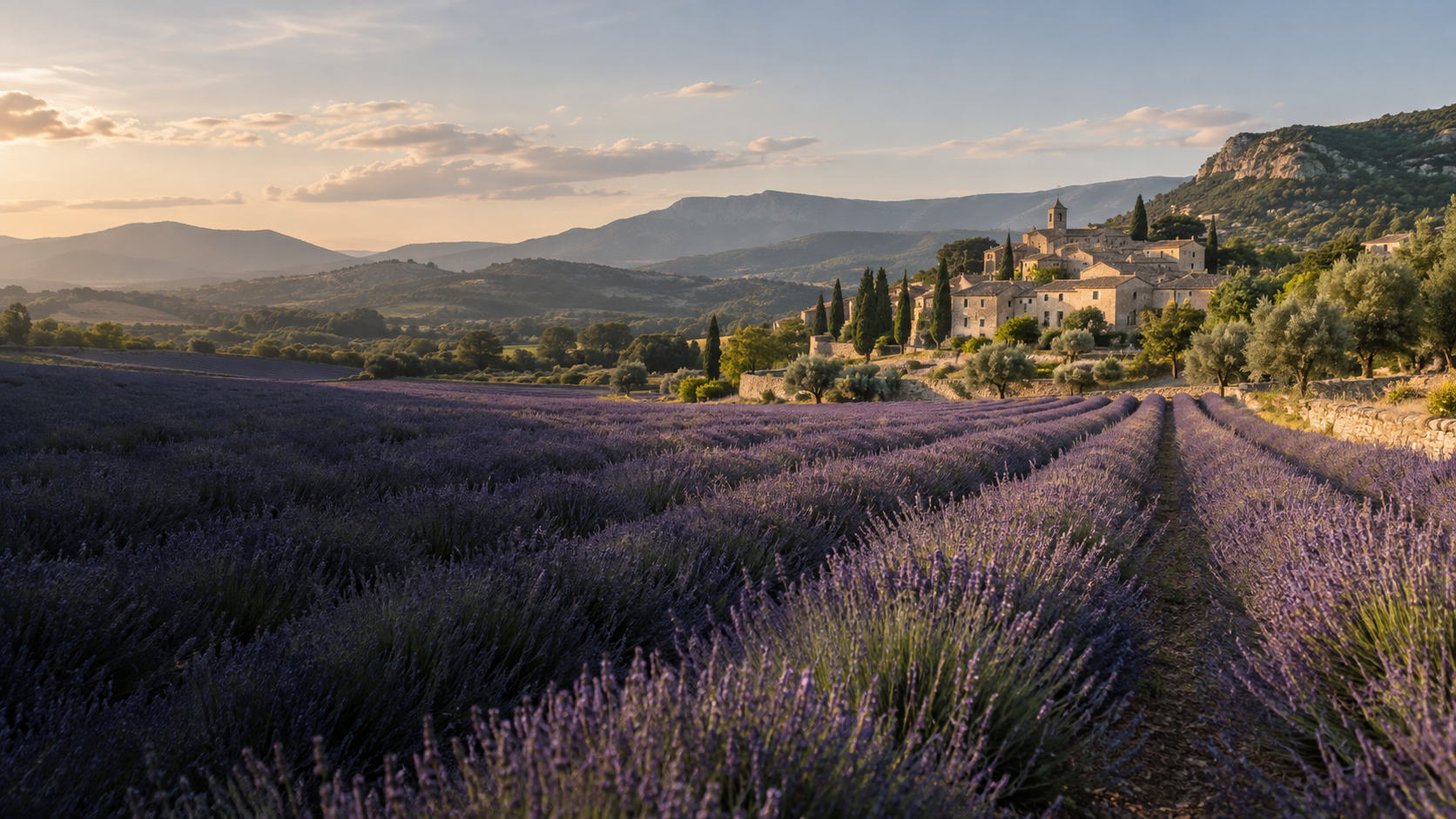 Cánh đồng oải hương và ngôi làng đá ở Provence, Pháp