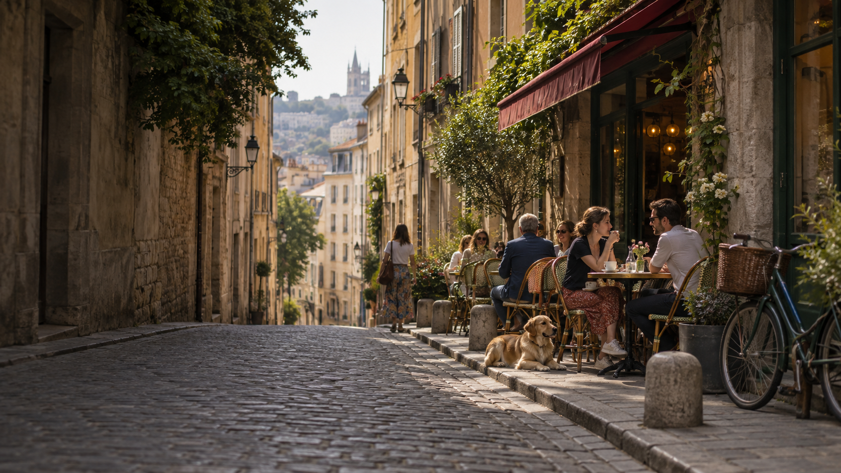 Quán cà phê trên con phố cổ ở Lyon, Pháp
