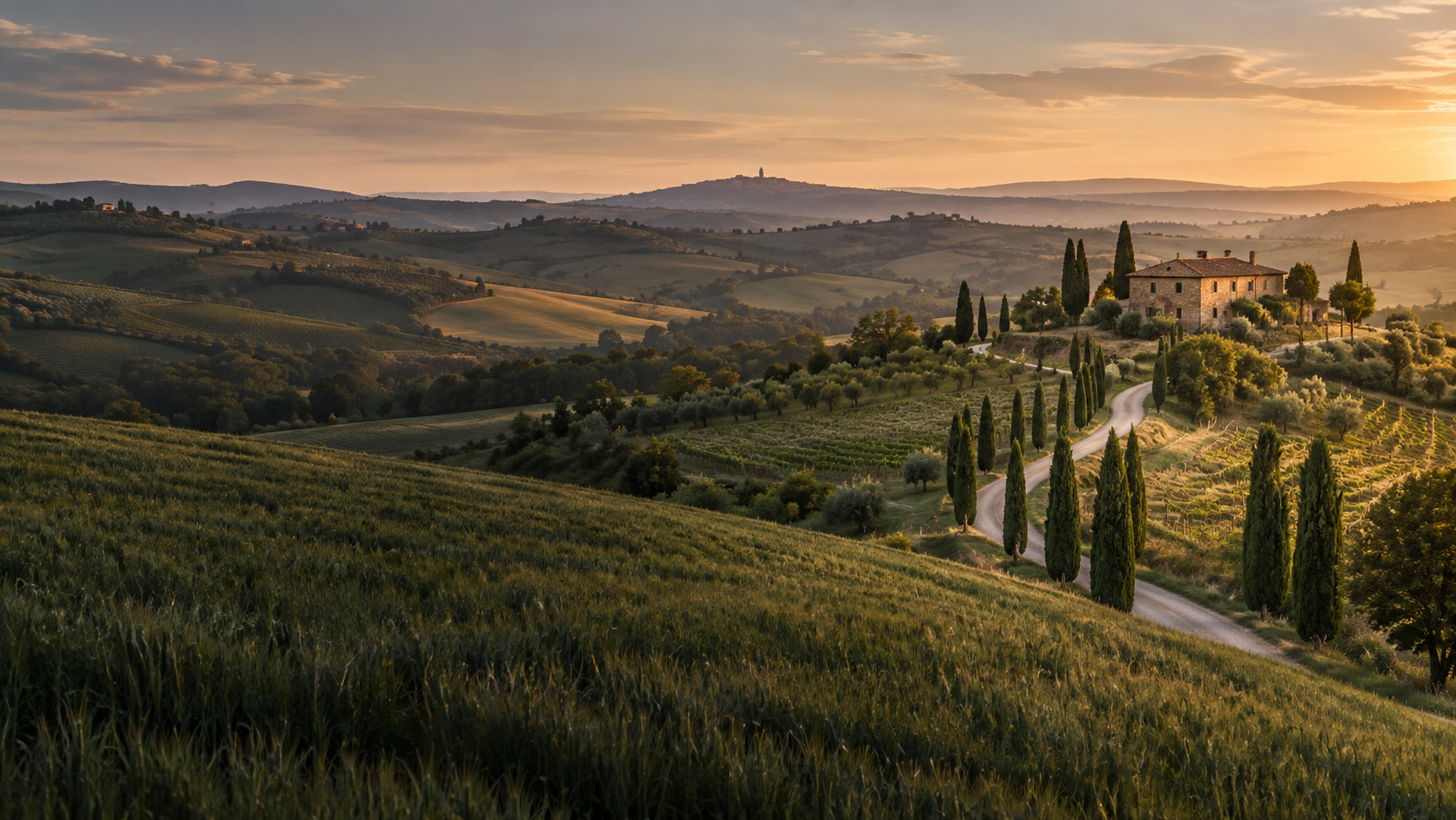 Con đường giữa những ngọn đồi vùng Tuscany, Ý