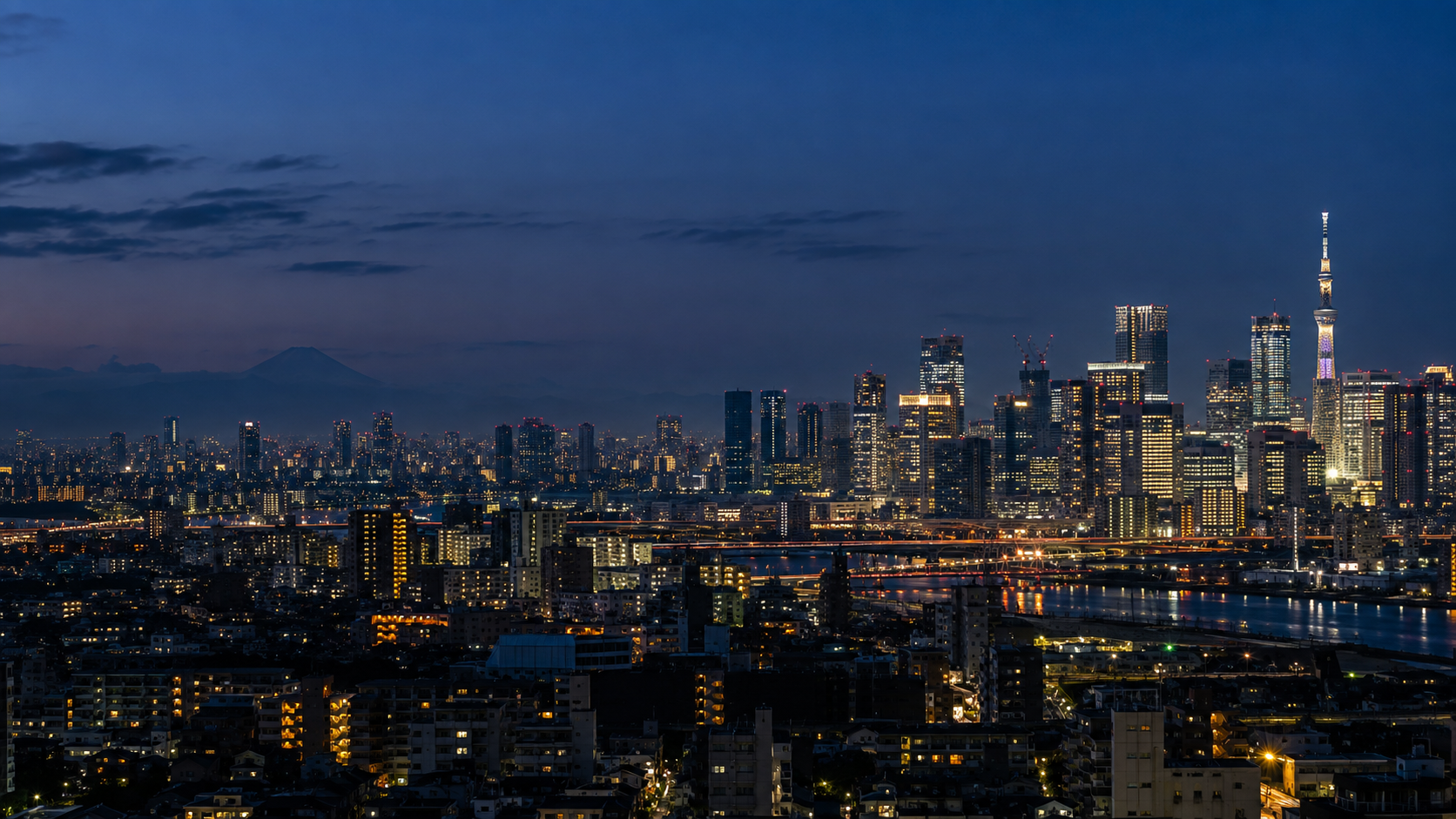 Tokyo về đêm với đường chân trời thành phố