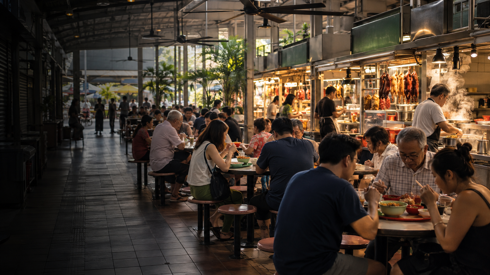 Không khí dùng bữa tại một khu hawker ở Singapore