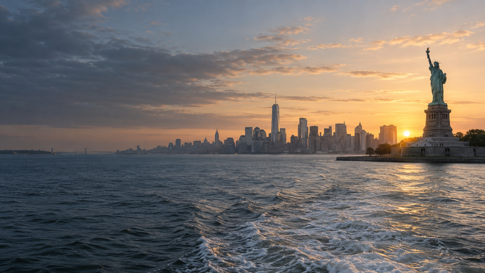 Tượng Nữ thần Tự do và đường chân trời New York lúc bình minh